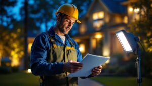 A photograph of a lighting contractor evaluating various outdoor lighting options