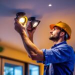 A photograph of a lighting contractor expertly installing potlights in a modern home