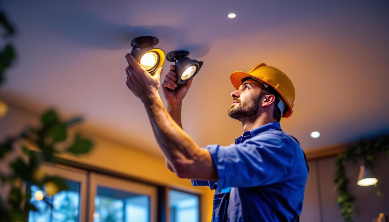 A photograph of a lighting contractor expertly installing potlights in a modern home