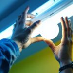 A photograph of a person safely installing a fluorescent bulb in a light fixture