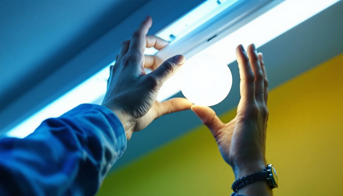 A photograph of a person safely installing a fluorescent bulb in a light fixture