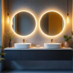 A photograph of a stylish bathroom featuring modern vanity lights that showcase energy-efficient designs