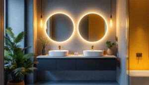 A photograph of a stylish bathroom featuring modern vanity lights that showcase energy-efficient designs