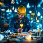 A photograph of a lighting contractor in action