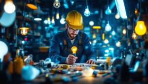 A photograph of a lighting contractor in action