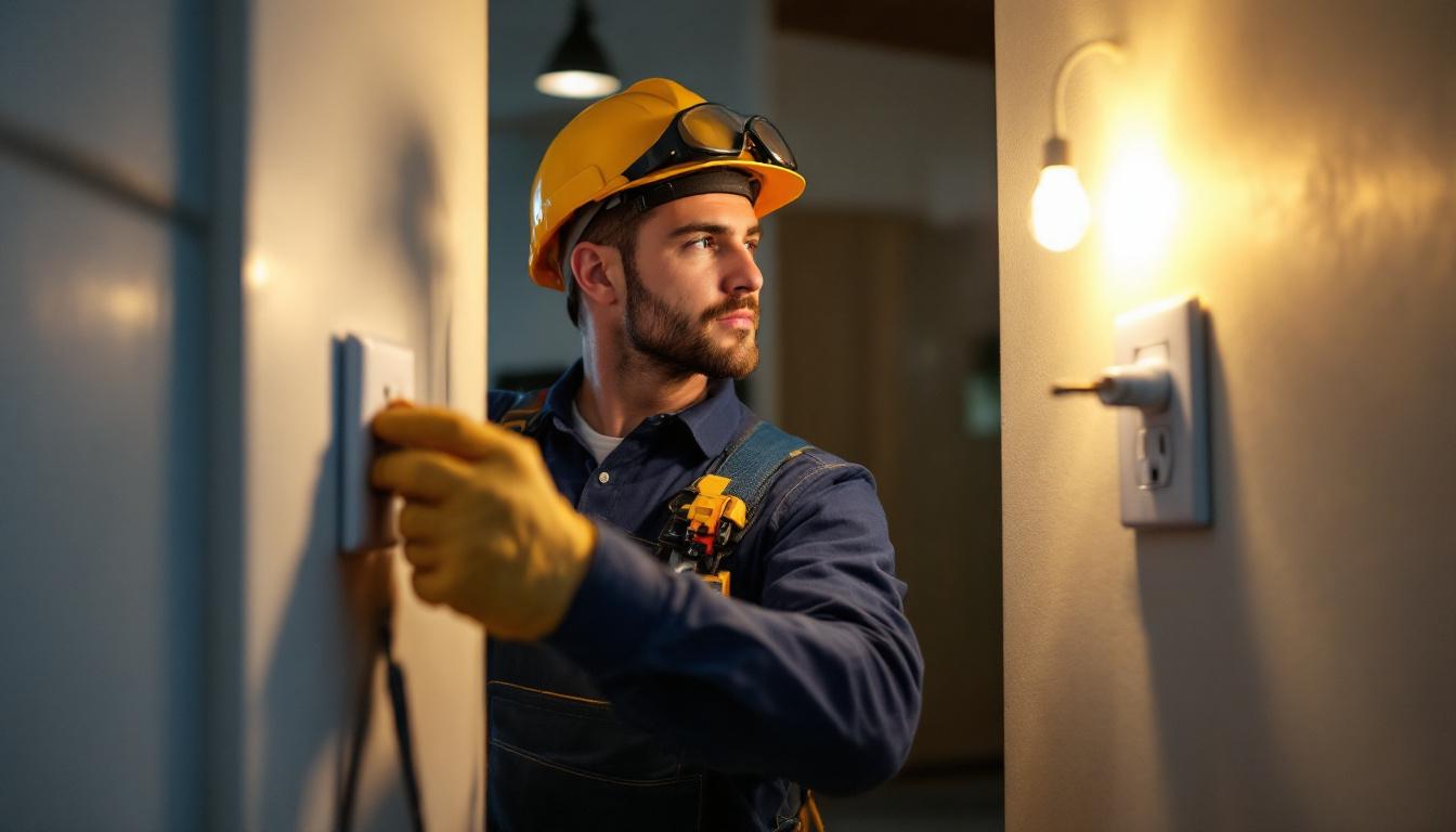 A photograph of a skilled lighting contractor expertly installing or adjusting a switch and plug outlet in a well-lit residential setting