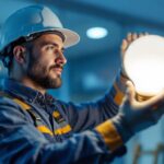 A photograph of a lighting contractor expertly installing or showcasing a big base light bulb in a well-lit environment