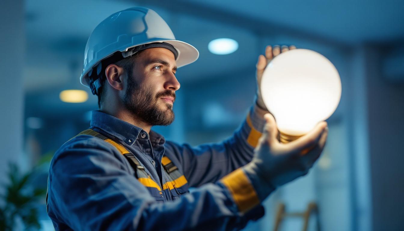 A photograph of a lighting contractor expertly installing or showcasing a big base light bulb in a well-lit environment