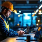 A photograph of a lighting contractor interacting with advanced lighting technology in a workspace