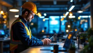 A photograph of a lighting contractor interacting with advanced lighting technology in a workspace