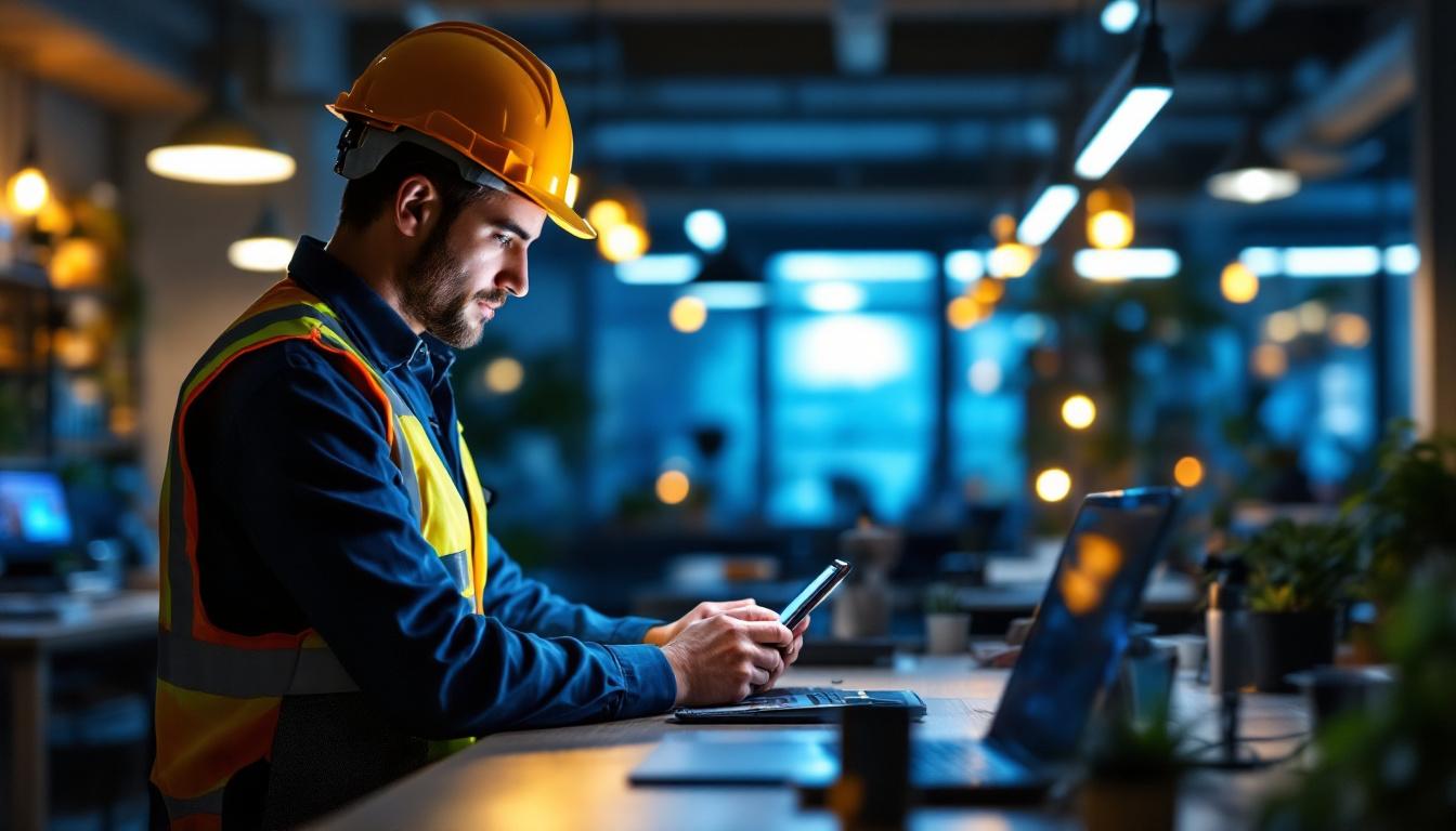 A photograph of a lighting contractor interacting with advanced lighting technology in a workspace