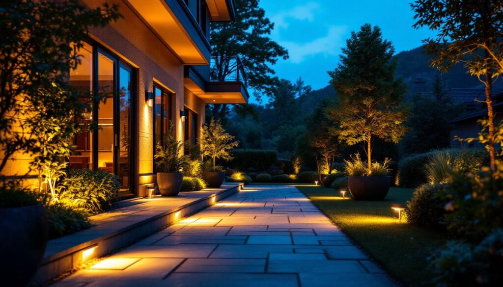 A photograph of a beautifully illuminated outdoor space featuring well-placed spotlights highlighting architectural details
