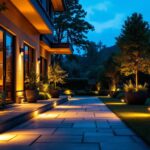 A photograph of a beautifully illuminated outdoor space featuring well-placed spotlights highlighting architectural details