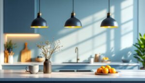 A photograph of a beautifully designed kitchen island featuring stylish pendant lamps