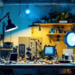 A photograph of a well-lit workspace showcasing various types of led lights in use