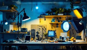 A photograph of a well-lit workspace showcasing various types of led lights in use