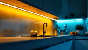 A photograph of a beautifully illuminated kitchen cabinet featuring sleek strip lighting