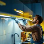 A photograph of a skilled lighting contractor installing undercabinet led lights in a modern kitchen
