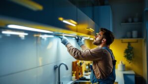 A photograph of a skilled lighting contractor installing undercabinet led lights in a modern kitchen