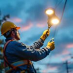 A photograph of a lighting contractor installing or inspecting a 20 ft light pole in an outdoor setting