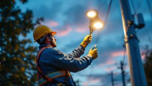 A photograph of a lighting contractor installing or inspecting a 20 ft light pole in an outdoor setting