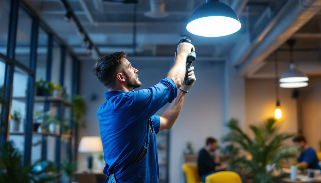 A photograph of a lighting contractor installing sleek