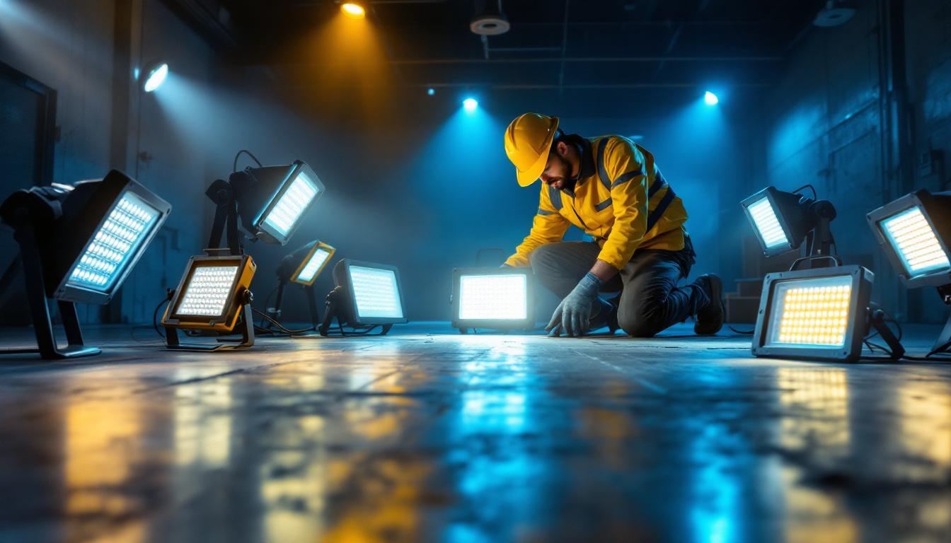 A photograph of a well-lit indoor space showcasing various led flood lights in action