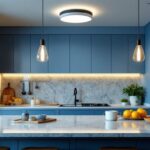 A photograph of a beautifully designed kitchen featuring a stylish flush mount ceiling light