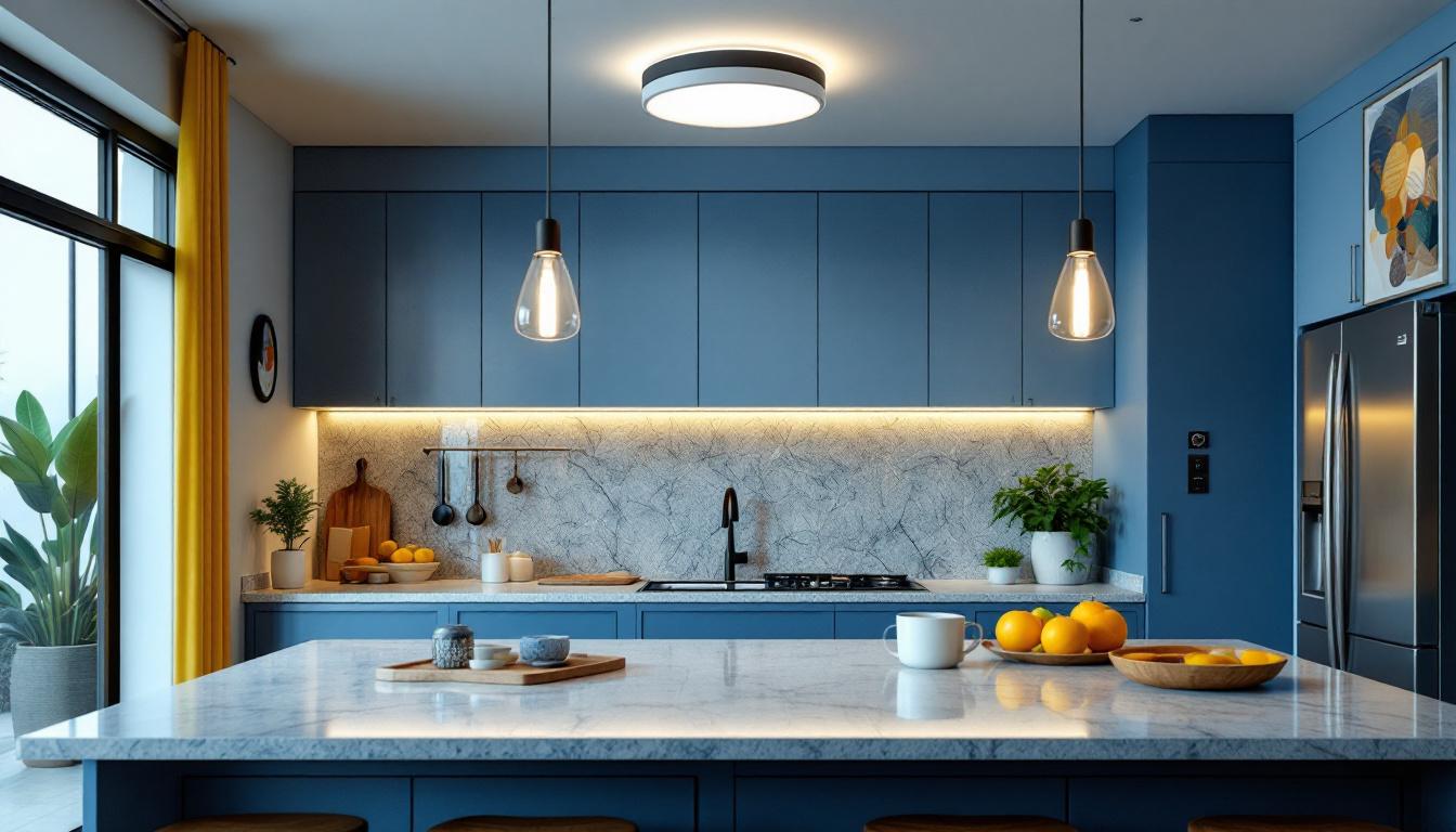 A photograph of a beautifully designed kitchen featuring a stylish flush mount ceiling light