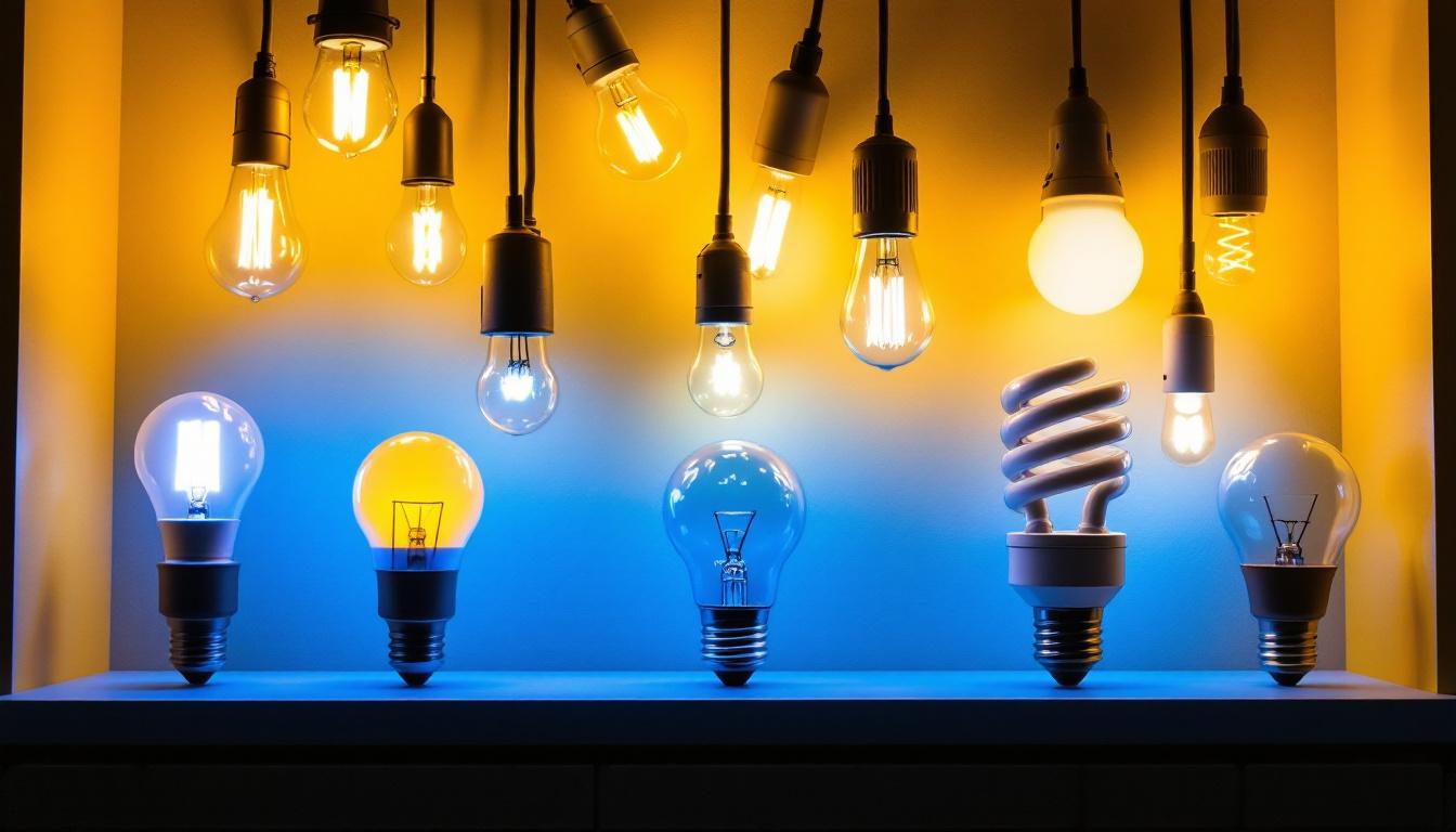 A photograph of a well-lit lighting installation showcasing various regular bulb base types