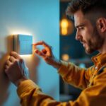 A photograph of a skilled lighting contractor installing a modern light dimmer switch in a stylish home setting