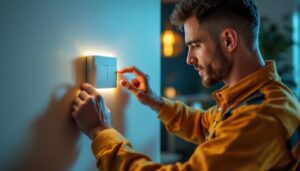 A photograph of a skilled lighting contractor installing a modern light dimmer switch in a stylish home setting