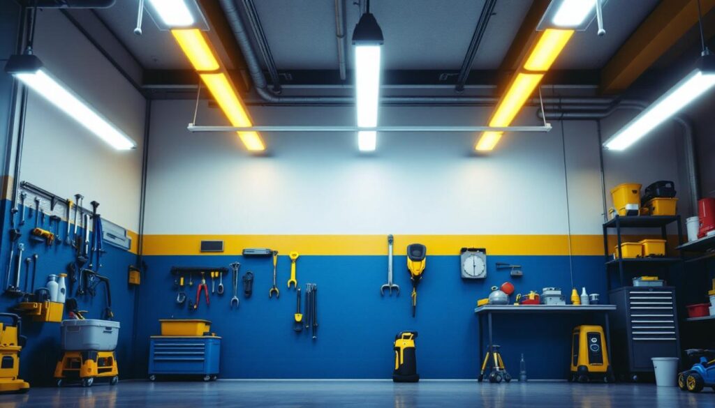 A photograph of a well-lit garage interior featuring modern led ceiling lights