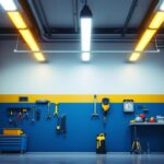 A photograph of a well-lit garage interior featuring modern led ceiling lights