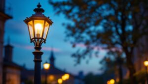 A photograph of an elegant antique lamp post illuminated at dusk