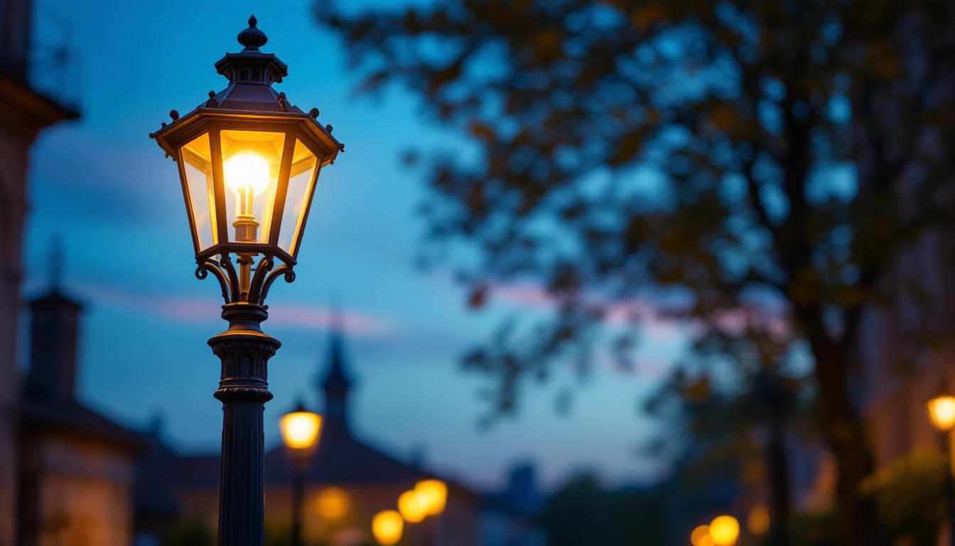 A photograph of an elegant antique lamp post illuminated at dusk