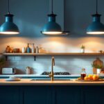A photograph of a beautifully designed kitchen featuring large pendant lights that illuminate the space