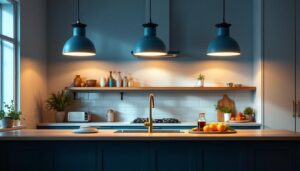 A photograph of a beautifully designed kitchen featuring large pendant lights that illuminate the space