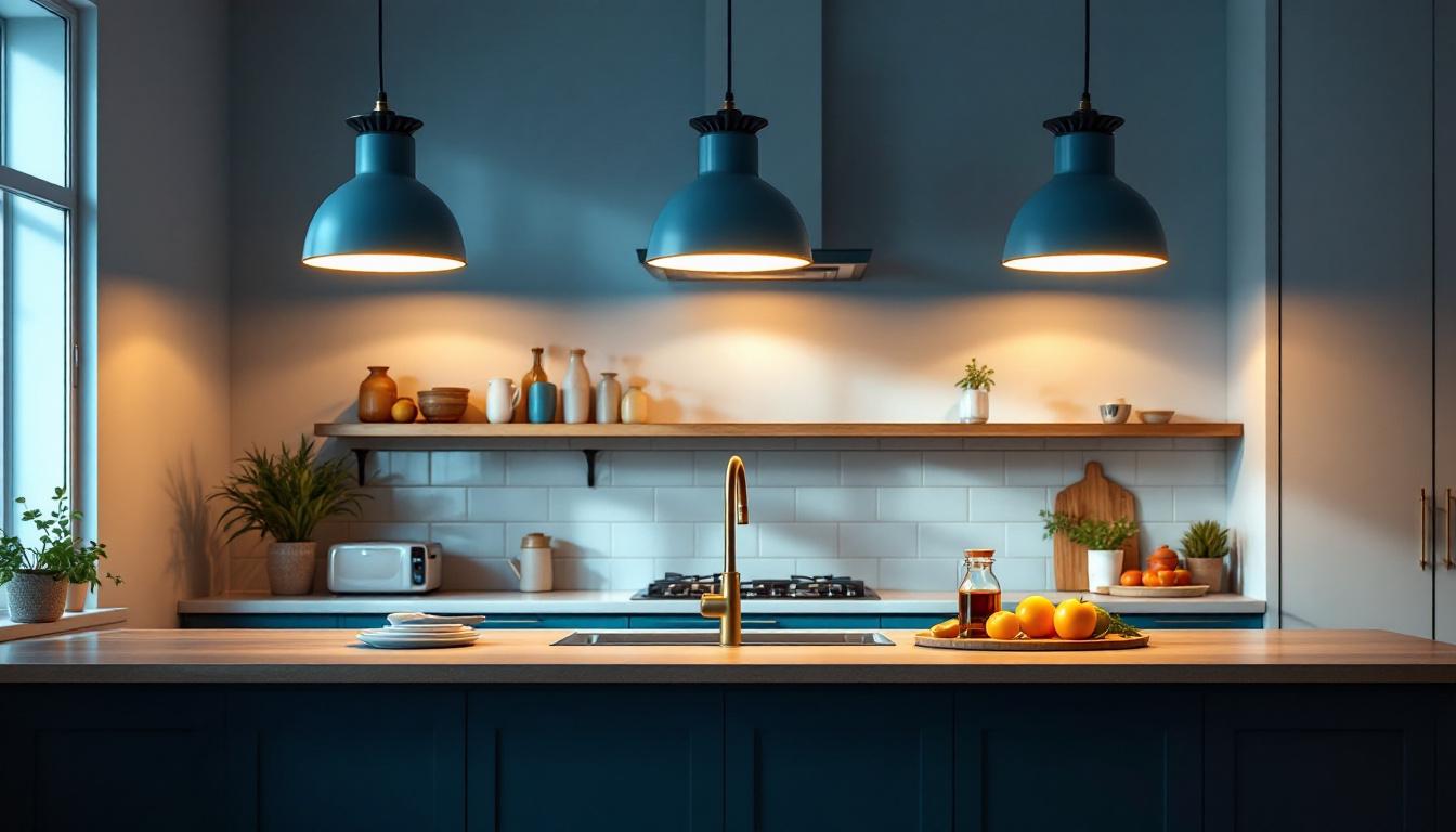 A photograph of a beautifully designed kitchen featuring large pendant lights that illuminate the space