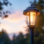 A photograph of a well-designed outdoor light post fixture installed in a beautifully landscaped setting