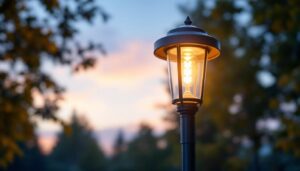 A photograph of a well-designed outdoor light post fixture installed in a beautifully landscaped setting