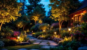 A photograph of a beautifully illuminated garden at dusk