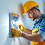 A photograph of a skilled lighting contractor installing an electrical metal box cover in a well-lit residential or commercial space