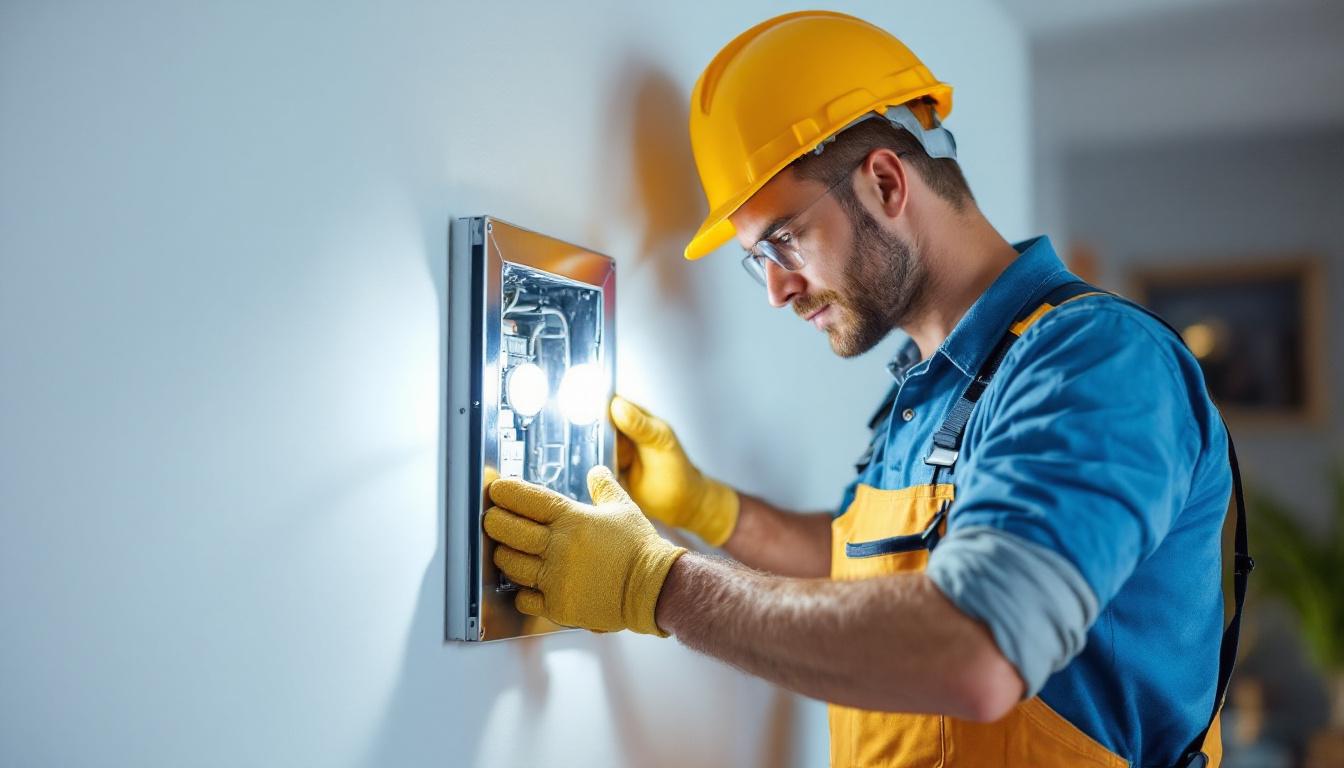 A photograph of a skilled lighting contractor installing an electrical metal box cover in a well-lit residential or commercial space