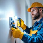 A photograph of a lighting contractor at work