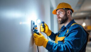 A photograph of a lighting contractor at work