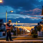 A photograph of a well-lit residential street at dusk