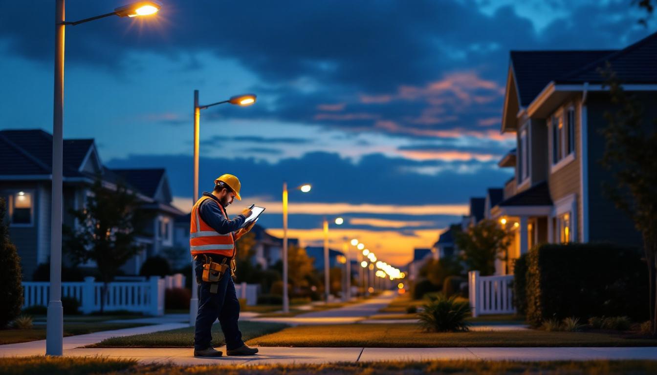 A photograph of a well-lit residential street at dusk