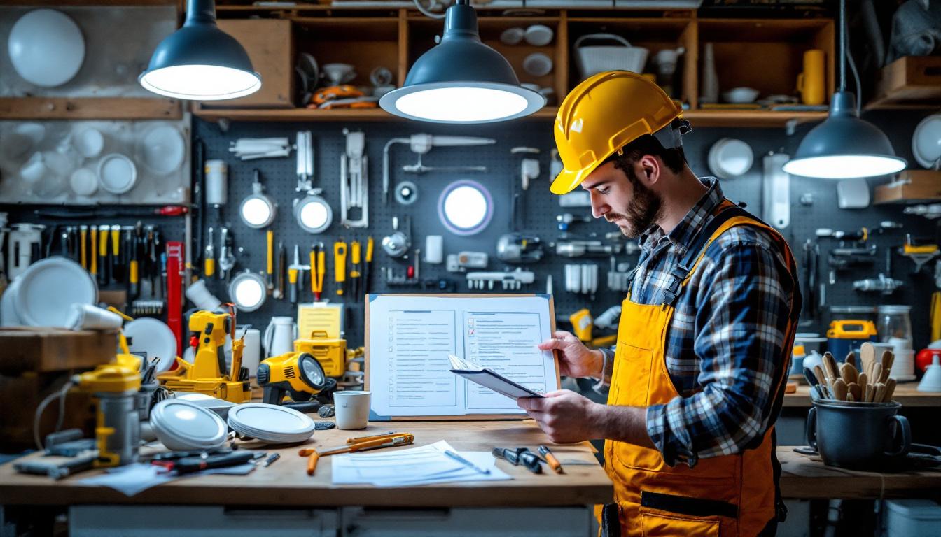 A photograph of a well-organized lighting contractor's workspace