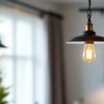 A photograph of a stylish pendant light hanging from a decorative chain in a modern interior setting